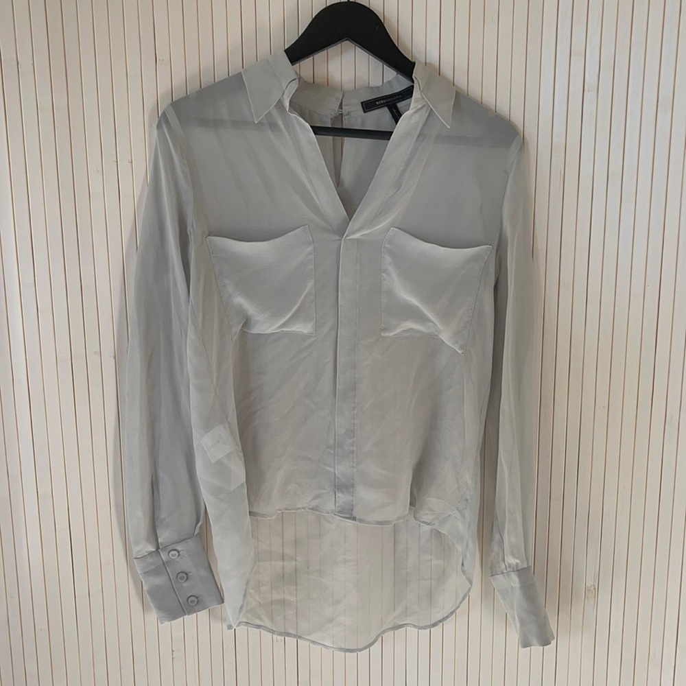 BCBG Pale Grey Utility Silk Blouse